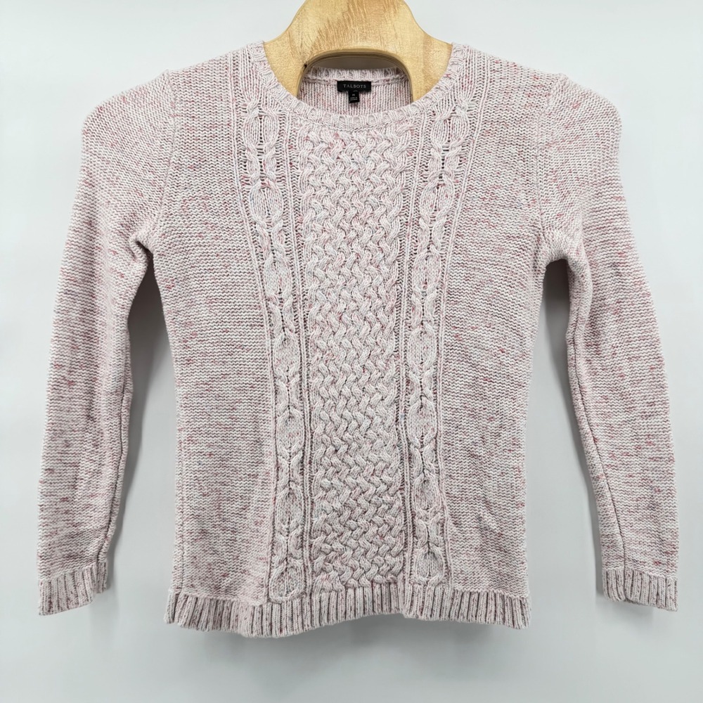 Talbots Women's Cable‎ Knit Sweater Speckled Pink Blue White Cotton Size Medium - Picture 2 of 7